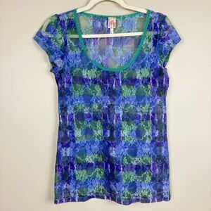 Fairy Whimsical Top Rue 21 Women XL Tie Dye Lace Sheer Green Blue Lace Shirt Y2K